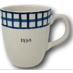 Rae Dunn Drink Mug Blue Gingham Check Plaid Artisan Collection Coffee Tea
